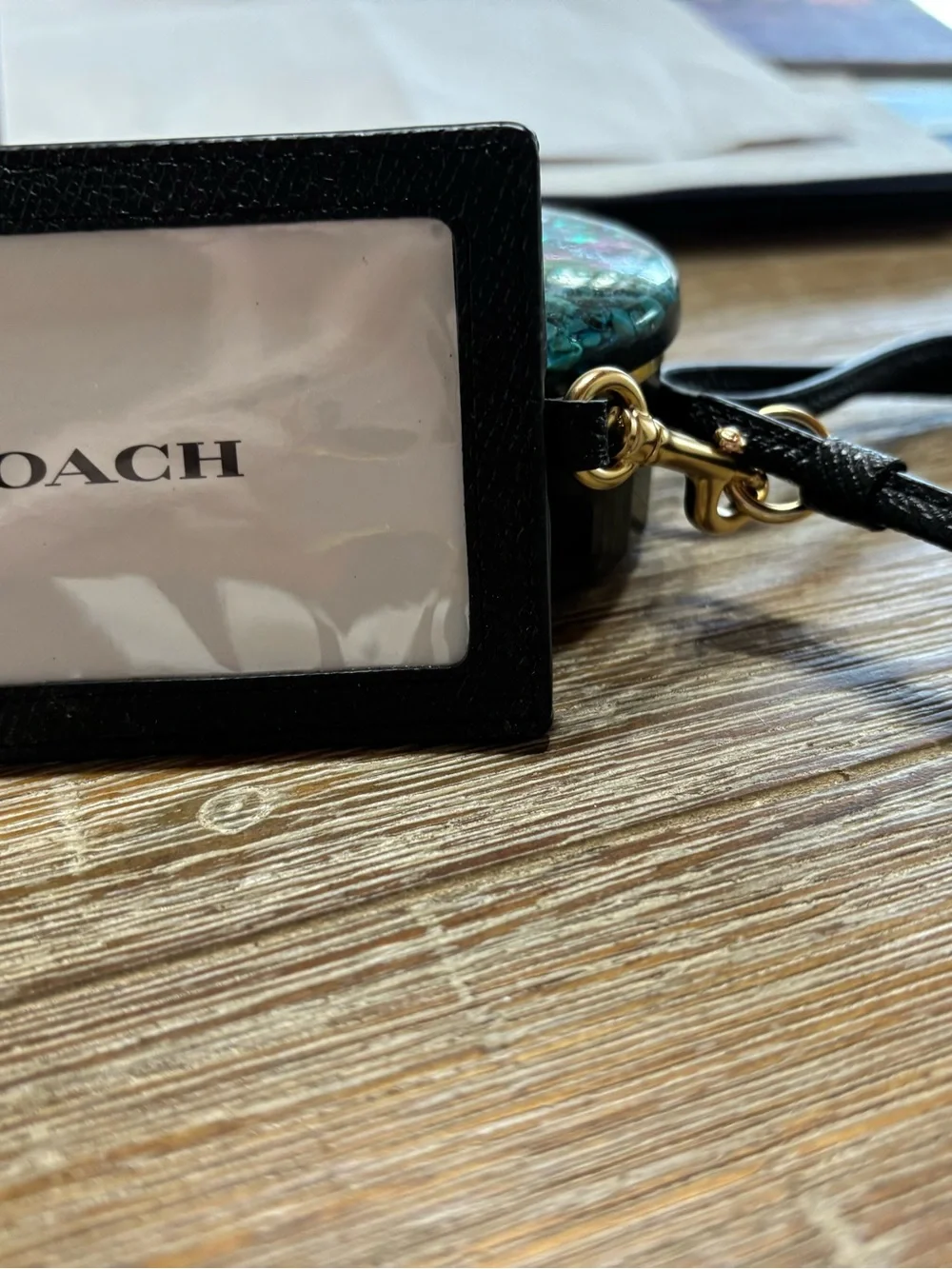 COACH Dark Brown Leather ID Lanyard with Gold Logo and Key Ring